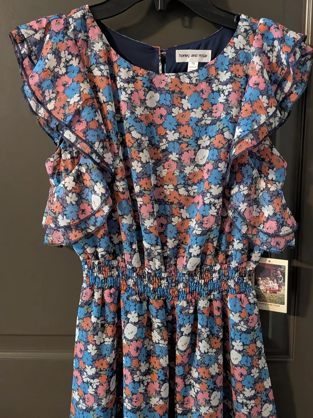 Flowers and Ruffles Smocked Waist Kids Dress - Blue/Pink